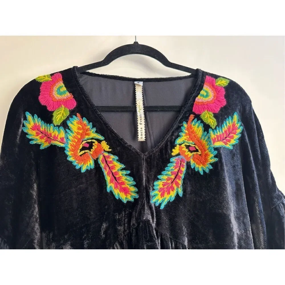 Uncle Frank Anthropologie sz S dress black velvet embroidered